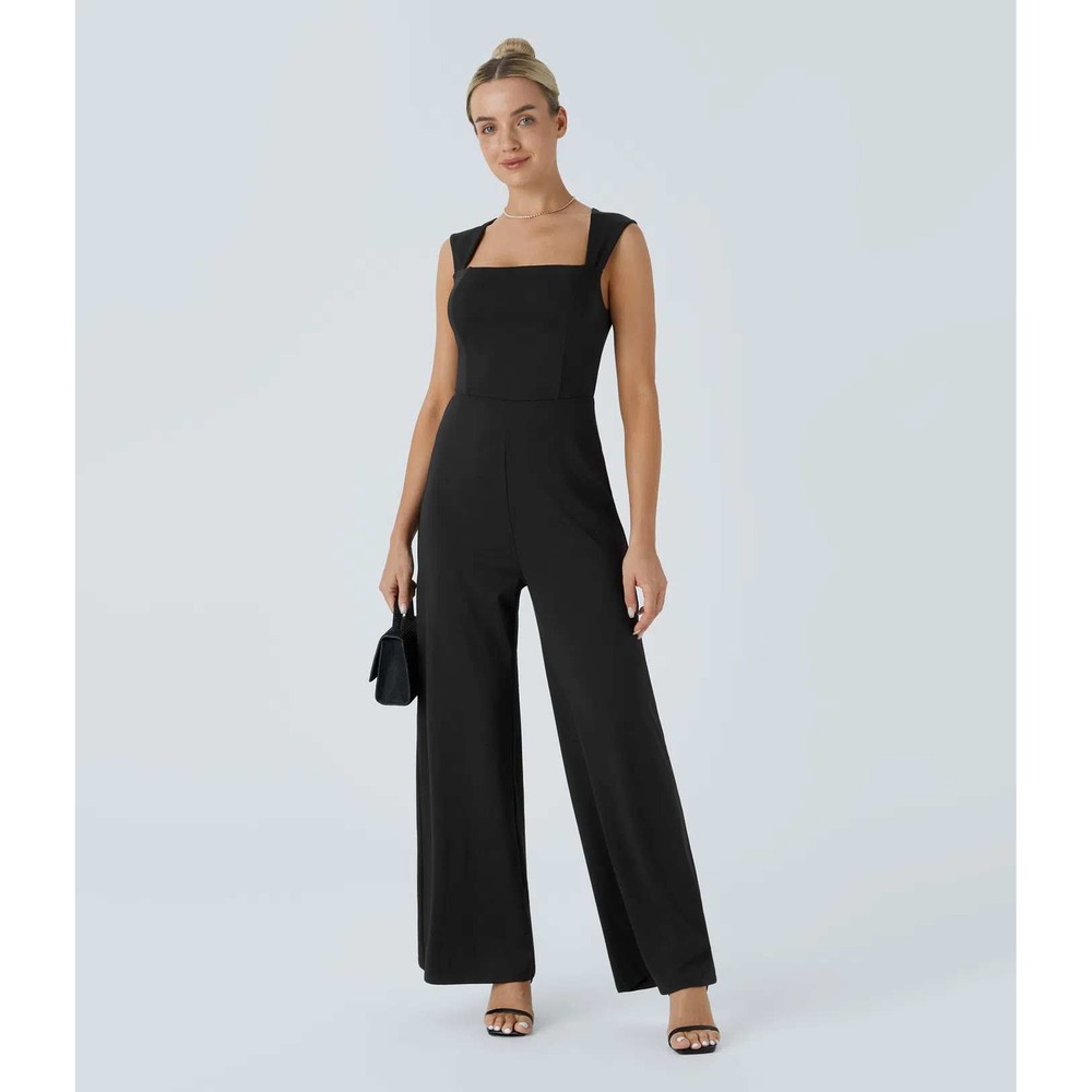 Halara Square Neck Wide Leg Jumpsuit Size XS Black Minimalist Athleisure NWT